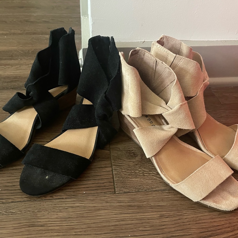 Lucky Brand Black and Cream Wedge Sandals